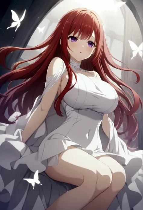 1 girl, long hair, red hair, purple eyes, white eyelashes, tight white dress, big breasts, white butterfly shaped dress, CG