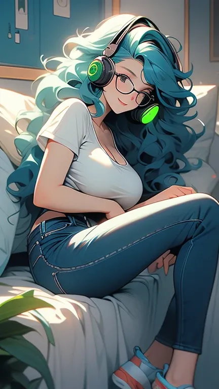  masterpiece, best quality),1 1 teenager, ultra white colour skin , wavy green and blue hair, round glasses, blue curly hair, smiling, black T-shirt, wide-mouthed jeans, hand on waist and wearing headphones gigantic thighs and breast cleavage , wearing spo...