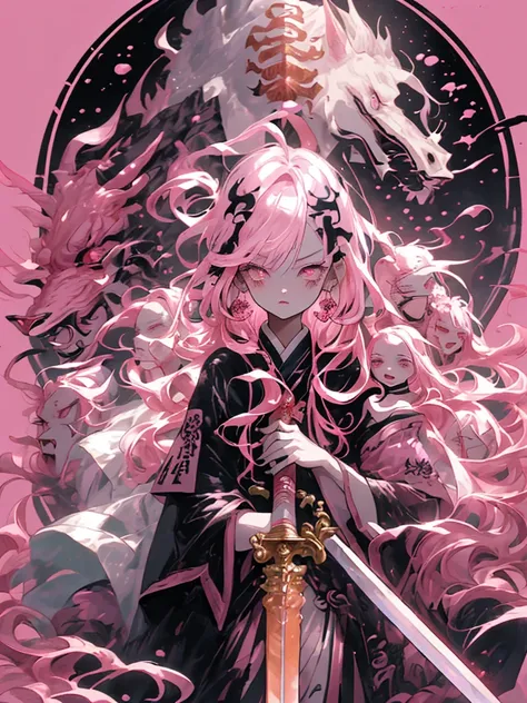 Pink-haired demon slayer from the Heian period, Alone in a quiet forest glade, wearing traditional armor, Long pink hair swaying in the gentle breeze, Gazing sharply at the viewer, The blood red background、It alludes to the terrible battles that were fough...