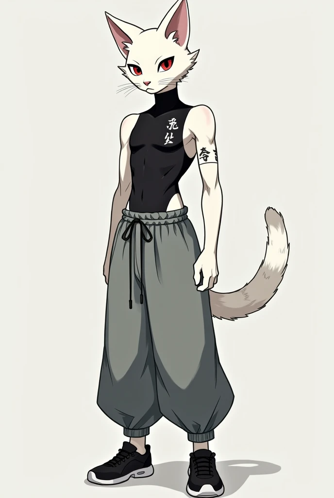 Kazumi Sugihara 1 Male Slender white anthropomorphic cat, with calm, with a concentrated face. the body is covered with white, soft and fluffy wool, on the back there is a drawing along the spine. He wears grey traditional Japanese long, wide, pleated haka...