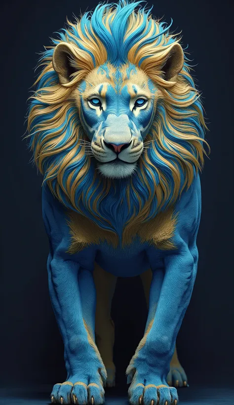 a rare and beautiful blue and gold lion poses for the camera, dark background, professional photography