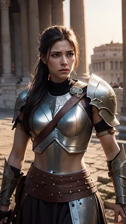 A photorealistic of Spartan female warrior from War in Rome, medium long shot ,Coliseum background, cinematic lighting