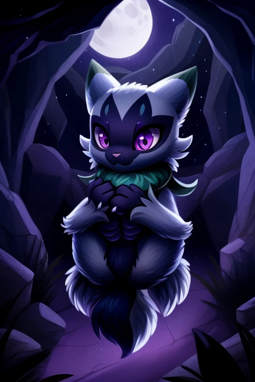 Floragate, โปเกม่อนcarryฟู, , foot, only, (carry:1.2), (Best quality), (Detailed fluffy fur:1.1), Animal Hands, tail, Purple eyes, Shiny, female, alone, Bottom of the cave, nighttime, darkness, Hands clasped together, Sarcastic expressions, Eyes narrowed