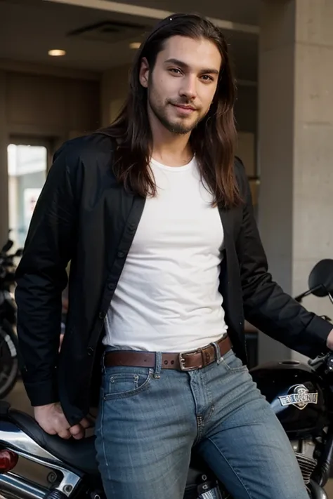 Goth Long hair handsome attractive man, wearing jeans and black shirt, Tall 1.85 metres, English Male, muscular, thin, unshaved stubble beard, olive skin, tanned, handsome green eyes, deep sight, wavy long hair,  straight nose, classy dressed casual badass...