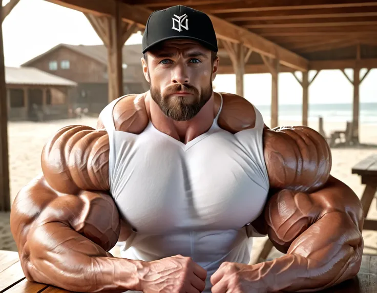 1men, 26yo, white american man, a hyper-realistic, ultra-masculine bodybuilder with exaggerated muscle size, wearing a tight whi...