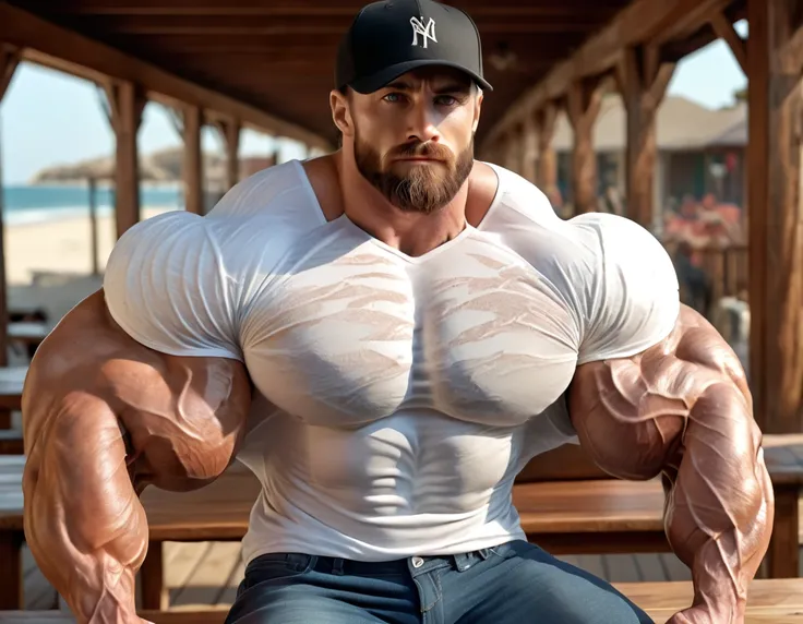 1men, 26yo, white american man, a hyper-realistic, ultra-masculine bodybuilder with exaggerated muscle size, wearing a tight whi...