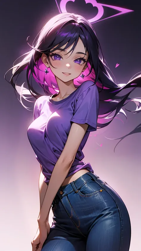 Très jolie fille avec un véritable corps de rêve et parfait,  dressed in a low-cut shirt ,jeans pants ,dans une chambre long hair, purple and black gradient , purple eyes smile, High Resolution, Accurate, Anatomie correcte, Best Quality, Details, Fine deta...