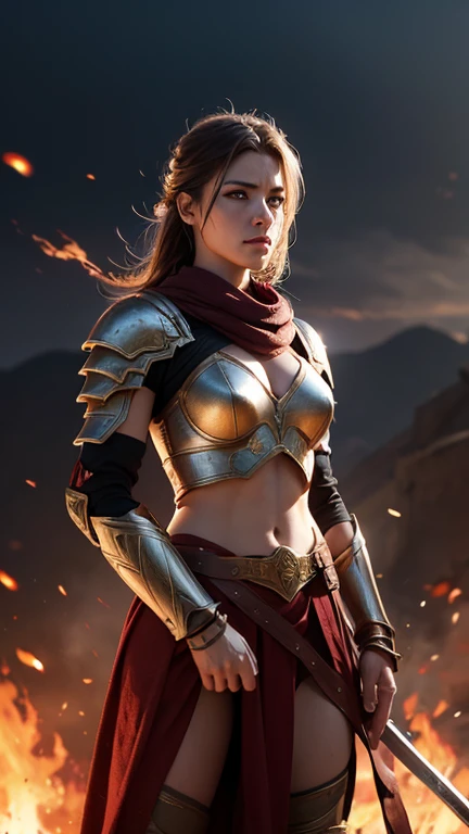 A photorealistic of Spartan female warrior from War in Rome, medium long shot ,flames of war Coliseum background, cinematic lighting