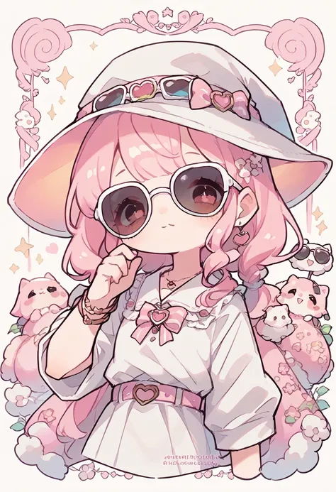 an adorable little witch, in shades of pink, anime girl, anime style, manga style, cute, light pink hair.