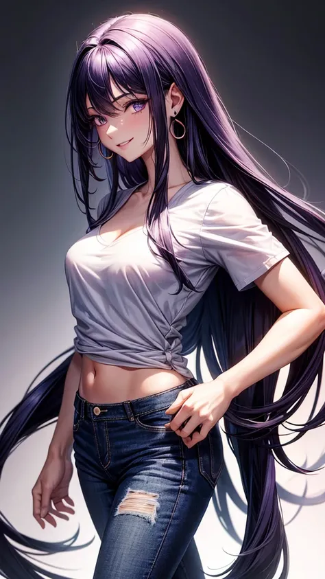 Très jolie fille avec un véritable corps de rêve et parfait,  dressed in a low-cut shirt ,jeans pants ,dans une chambre long hair, purple and black gradient , purple eyes smile, High Resolution, Accurate, Anatomie correcte, Best Quality, Details, Fine deta...