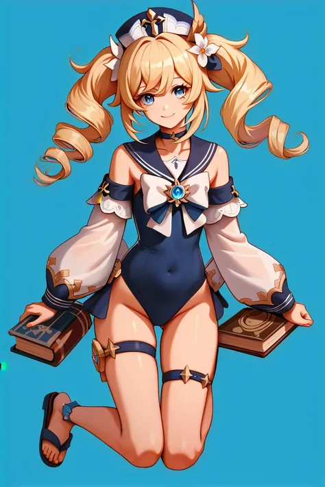 score_9,score_8_up,score_7_up,source anime,masterpiece,best quality,ultra detailed eyes BREAK
1girl, barbara (genshin impact), swimsuit, twintails, official alternate costume, book, hat, blue eyes, blonde hair, one-piece swimsuit, flower, hair ornament, sa...