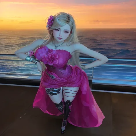 there is a woman in a pink dress posing on a deck, wearing pink floral chiton, standing on a ship deck, lacivious pose, standing on ship deck, inspired by INO, second life avatar, full body close-up shot, elegant pose, “ femme on a galactic shore, fuchsia ...