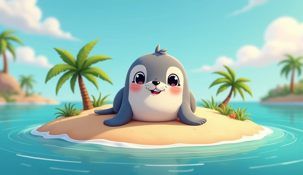 A cute seal on a small island in animated version 