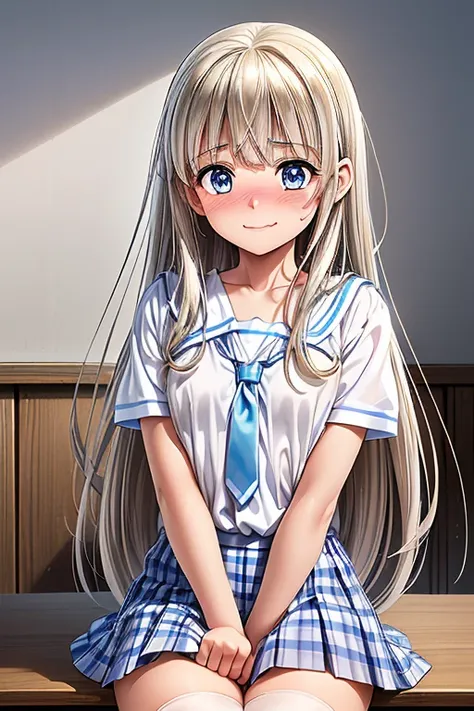 animeのかわいい女の子, ((One Girl)), ((Baby Face:1.3)), ((cute:1.3)), 
break 

(((White blouse:1.2)) + ((Blue and white bias check tie:1.2)) + ((Blue and white gingham check pleated skirt:1.2))、((Black knee-high socks:1.2))、(Dark brown loafers)),  
break 

((Blond...