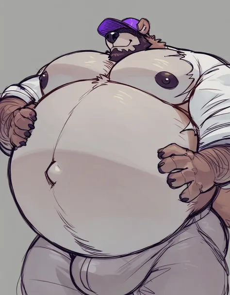 nsfw, anthro daddy bear, male, brown fur color, beard, purple cap covering eyes, inflating, hyper belly, hyper bulge, no backgro...