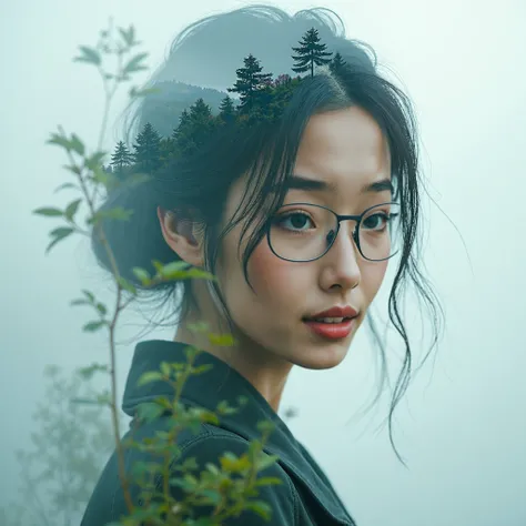 Double exposure, a beautiful chinese lady looking into the camera from the side, mountainous forest in china with misty clouds. Professional photography. Ultra-realistic.