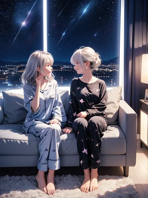 Two  women. Inside.home.room (8k) .Night sky) . (star pattern)Pajama  .starrysky. Selfee. Sit line-up sofa. Silverhair