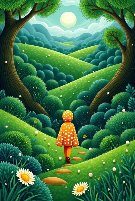 cute，cartoon art，yayoi kusama，dot art，polka dots，dot，painting of a person walking through a green meadow, walk through dense for...