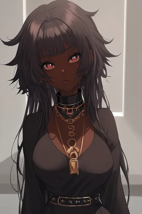 A close-up of a woman in a black shirt and a necklace., black manga anime girl, Black girl, anime black pupils in their eyes, black teenage girl, anime vibes, anime girl in a black dress, afrofuturism anime, She has olive brown skin., anime style, urban gi...