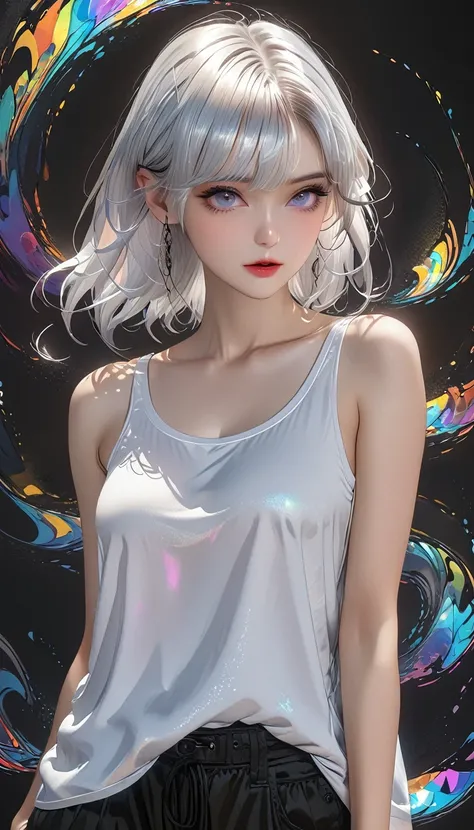 cool beauty, silver glossy silky hair, captivating eyes, amorous and lewd expression, perfect proportions, wearing white loose baggy tank-top, black short pants, BREAK background seamless low bit mosaic, spiral random change iridescent color effects, BREAK...