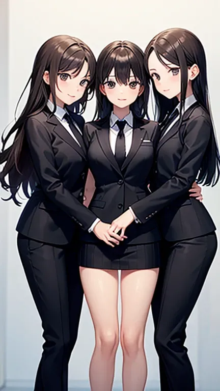 Three women in black luxury striped suits pressing their lips together　tie　smile