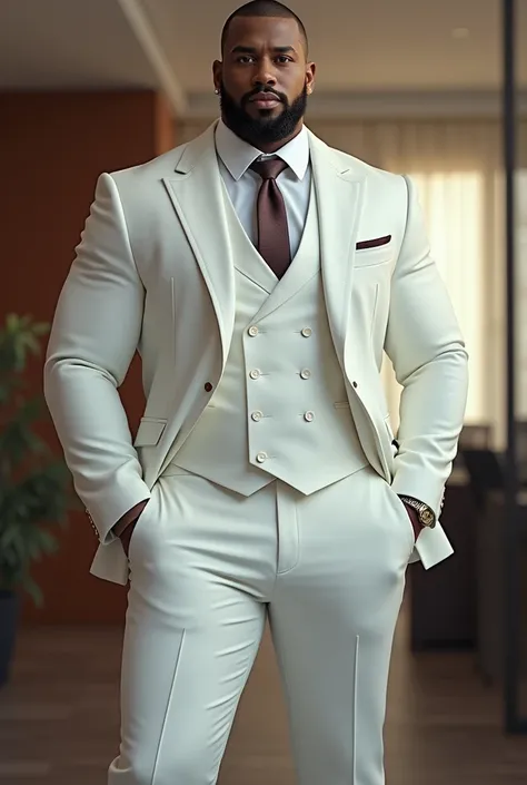 Hombre handsome y musculoso  usa un traje blanco elegante, His face is perfect and handsome, in the office, strong and muscular legs, large lump,  the image very realistically in human form, good lighting , (((handsome, musculoso y good lighting)))