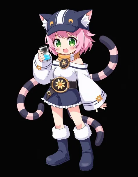 This is a digital illustration of Diona from Genshin Impact. She has pale pink skin, large, expressive green eyes, and short, fluffy pink hair with cat ears on top. Her ears are covered by a dark blue, futuristic-looking cap with a white stripe and orange ...