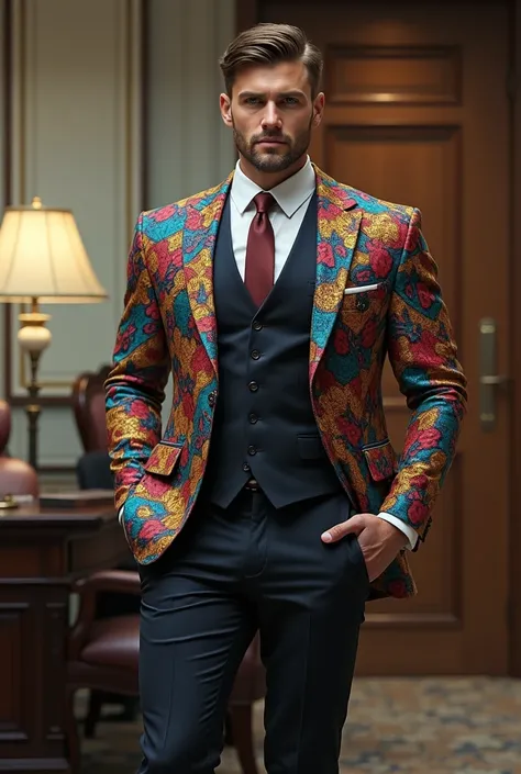 Hombre handsome y musculoso  usa un traje de diversos colores elegante, His face is perfect and handsome, in the office, strong and muscular legs, large lump,  the image very realistically in human form, good lighting , (((handsome, musculoso y good lighti...