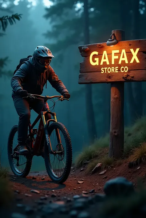 Man riding a mountain bike with helmet in the dark and a rustic wooden sign next to it that clearly says in bold type: GAFAX STORE CO