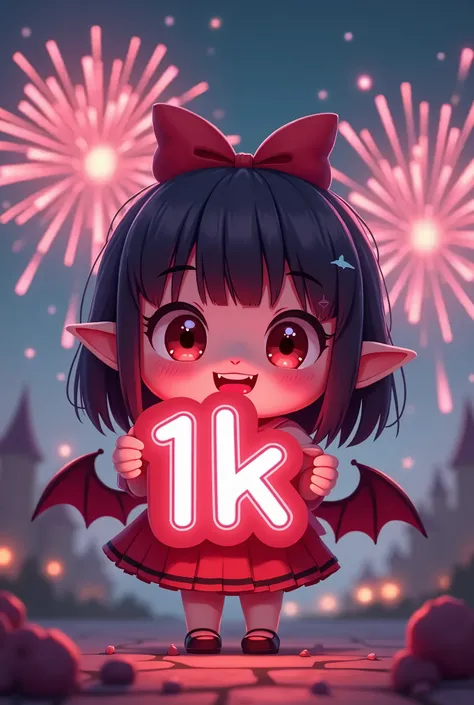 chibi style, cute, vampire girl, red eyes, vampire fangs, bow tie on head, happy face, holding a neon light fansign with text "1K", text font style medieval, firework on night sky background