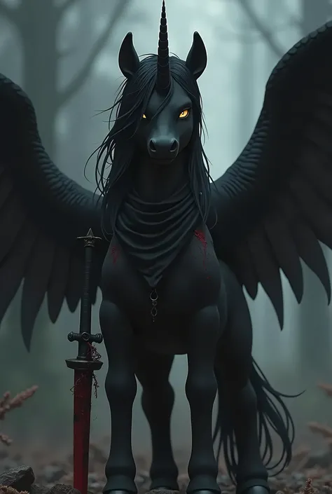 Male Alicorn pony sfw black hair and black coat with black scarf and bloody scars and has bloody katana 