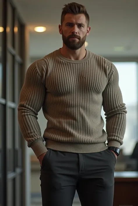 Handsome man, sleeveless t-shirt, Manly and sexy in casual clothes, with a modern, Fashionable white navy blue wool sweater, strong and muscular legs, large lump, Ultra realistic 8k masterpiece detailed with high detail in the office , close up , bodybuild...