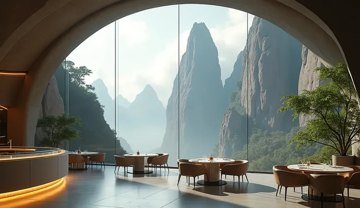 Futuristic luxury restaurant with a grand glass ceiling a futuristic window view located in a huge meteorite crater, allowing an unobstructed view of towering rock formations that rise dramatically to the height of the clouds. The interior features sleek, ...