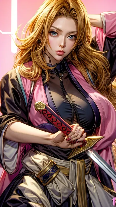 anime girl with a sword and a pink jacket, she is holding a katana sword, inspired by nishikawa sukenobu, holding a sword on her...