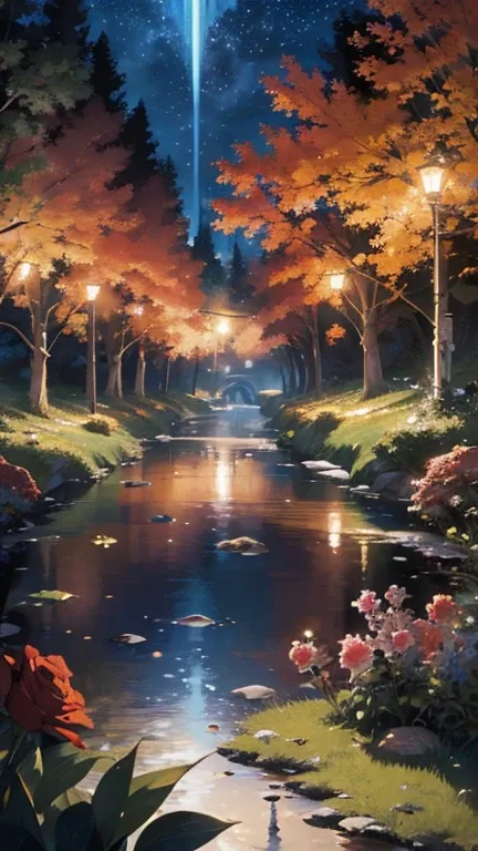 (masterpiece highest quality, highest quality, official art beautiful, beautiful:1.2) anime illustration, Enchanted forest, floating lights, multicolored roses 