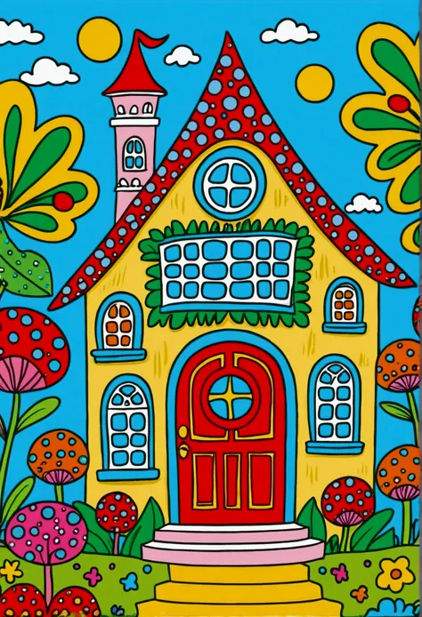 cartoon fairy tale house，there is a door and a door with a window, colorful book illustration, colorfull illustration, coloring ...