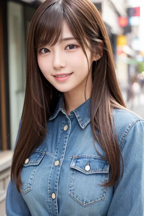 High resolution, Long Hair, bangs, Brown Hair, Chest,  　　2、168cm、Japanese、Beautiful Face、Model body type、Droopy eyes, 
smile, jeans、