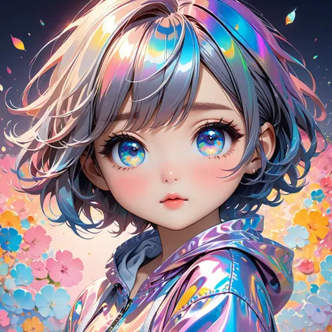 kawaii chibi character icon, glossy silky messy short hair, captivating eyes, amorous and lewd expression, perfect proportions, wearing loose baggy body suits, BREAK background seamless low bit mosaic, spiral random change iridescent color effects, BREAK d...