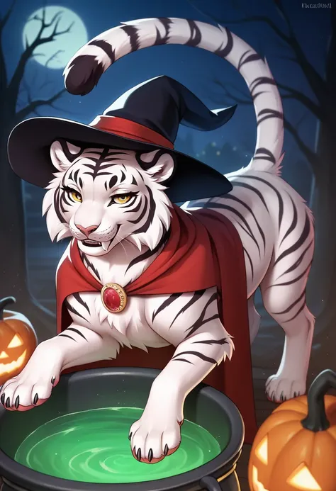 score_9, score_8_up, score_7_up, halloween, (((feral))), feral white tiger wearing a witch costume, cape, hat, headgear, solo, female,feral, fur,leaning his hands on the witchs cauldron,  raised tail, white tiger, seductive, looking at viewer, smiling, tai...