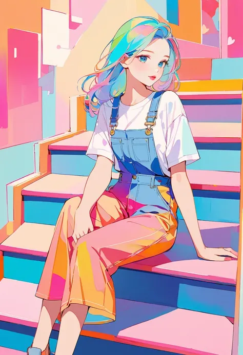 sitting on stairs,Simple line initials, abstract art, (((forever beautiful girl)), gentle face. Love lips, colorful, stylish design, dreamy, ((overall (#e5cbe1 and #fbc833 and #e8d2d6 and #c2b0b4 and #f19684 and #d260a0)))