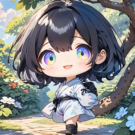 kawaii chibi character full body icon, poking something with a tree branch, glossy silky messy short hair, captivating eyes, amorous and lewd expression, perfect proportions, wearing loose baggy body suits, BREAK background seamless low bit mosaic, spiral ...