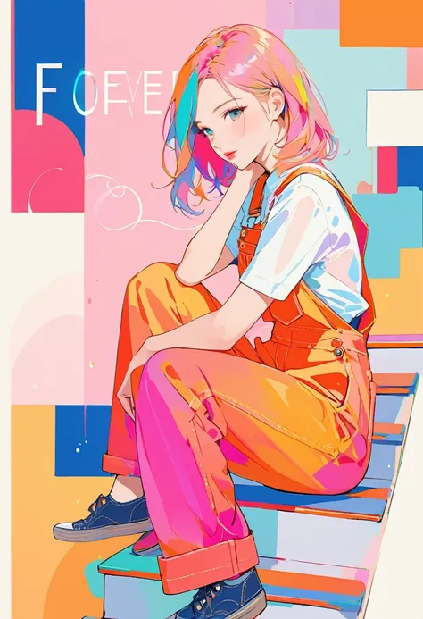 sitting on stairs,Simple line initials, abstract art, (((forever beautiful girl)), gentle face. Love lips, colorful, stylish design, dreamy, ((overall (#e5cbe1 and #fbc833 and #e8d2d6 and #c2b0b4 and #f19684 and #d260a0)))