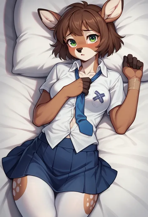 alone, female, (Anthropomorphic deer, Short brown hair, Brown fur with white spots, Green eyes, white button up shirt, Unbutton your shirt, Blue skirt, Blue tie, White tights, Black shock absorber neck), Detailed background, The hotel bedroom is dark., The...