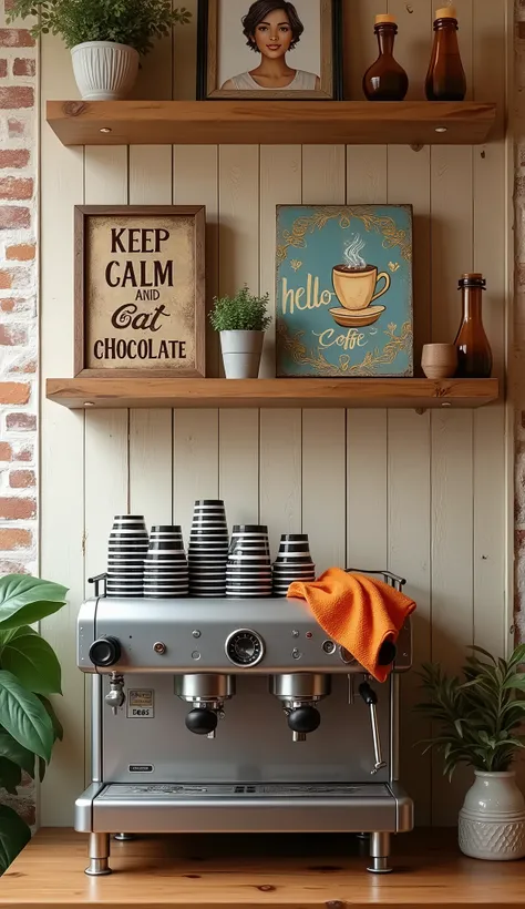 A warm and inviting cozy coffee shop interior with a distinctive rustic and eclectic style, featuring a wooden shelf mounted on a light wooden plank wall with visible knots and natural wood grain. On the shelf, a curated assortment of items includes a dist...