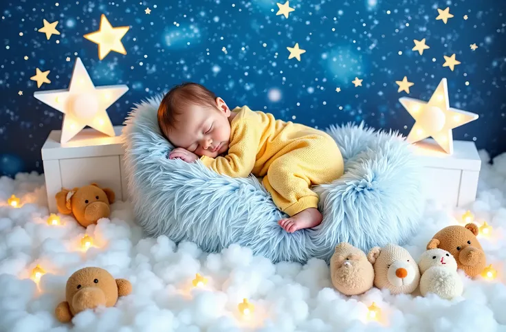 there is a baby sleeping in a bed with a blanket, a picture inspired by Anne Geddes, shutterstock contest winner, magical realism, dreamy night, cozy studio photography, sweet dreams, good night, lie on white clouds fairyland, 1614572159, photo of a beauti...