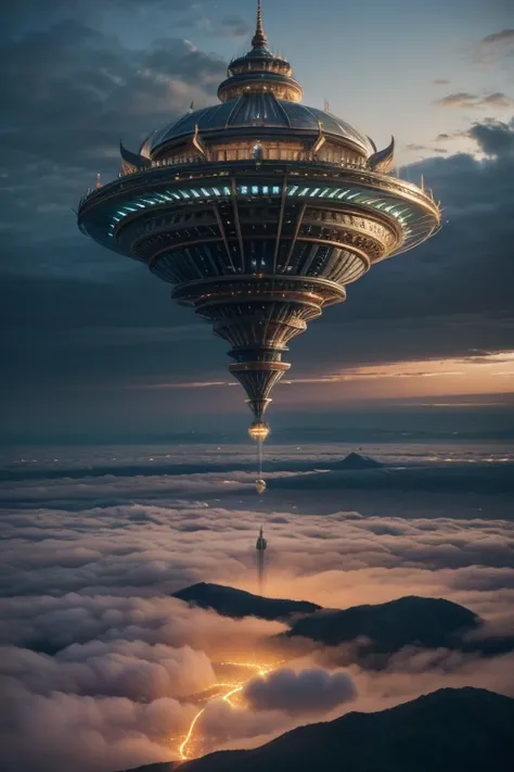 A breathtaking, hyper-realistic image of Astravell, a magnificent floating city suspended high above the clouds in the world of Elarion. The city is a stunning blend of advanced technology and ancient magic, with elegant spires and domes crafted from shimm...