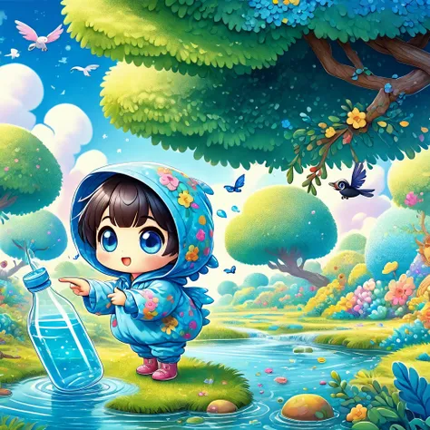 kawaii chibi character full body icon, poking something with a tree branch, glossy silky messy short hair, captivating eyes, wearing loose baggy body suits, BREAK background seamless low bit mosaic, spiral random change iridescent color effects, BREAK deli...