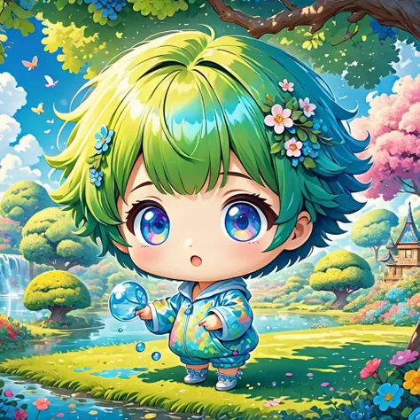 kawaii chibi character full body icon, poking something with a tree branch, glossy silky messy short hair, captivating eyes, wearing loose baggy body suits, BREAK background seamless low bit mosaic, spiral random change iridescent color effects, BREAK deli...