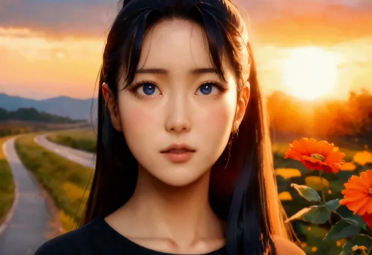 Asian woman with a round face,Detailed face, Korean girl makeup,Has very detailed eyes,Long hair,Ponytail,ผมสีดำPonytail,Long hairเป็นพิเศษLong hair 2 เมตร , Blown up by the wind,Wearing a dark blue plaid short-sleeved shirt,On a country road, Warm light,E...