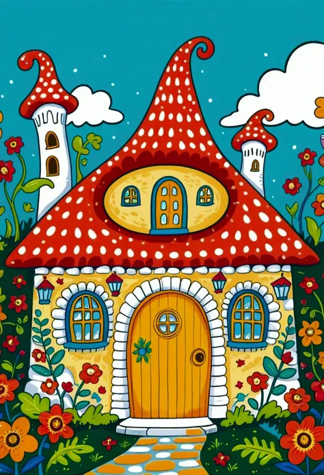 cartoon fairy tale house，there is a door and a door with a window, colorful book illustration, colorfull illustration, coloring ...